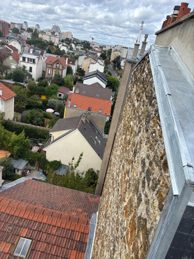Chéneau en zinc le long d'un pignon en pierre meulière, vue sur les toits
